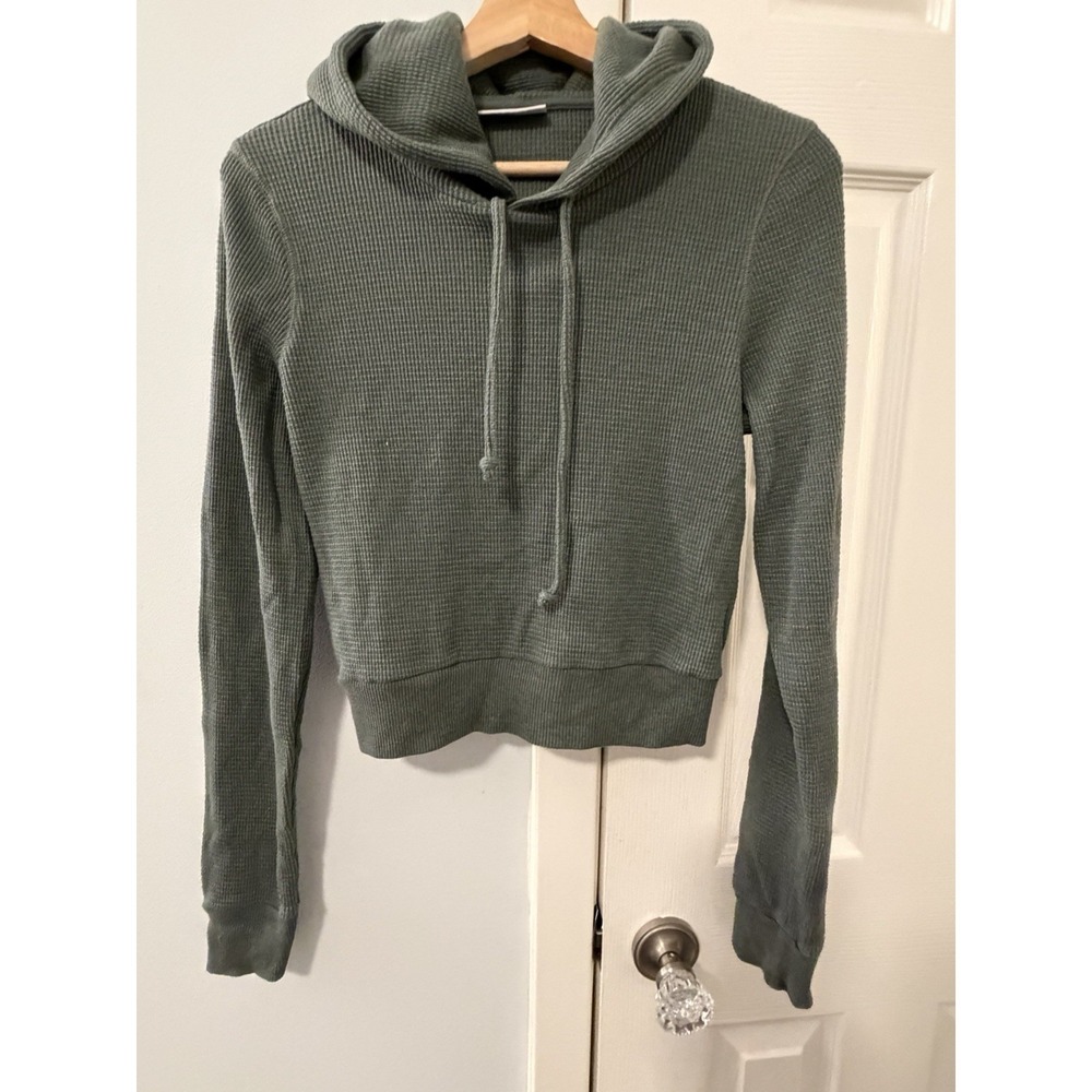 Aritzia Tna Ryslan Thermal Hoodie Olive Green Waffle Crop Sweatshirt Sz L Boxy